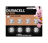 DURACELL CR2032 Lot de 8 piles boutons au lithium 3 V jusqu’à 70 % de durée de vie en plus, technologie de sécurité enfant, recommandé pour Apple AirTag® / clés électroniques / appareils domestiques /