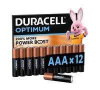 DURACELL Optimum Lot de 12 Piles AAA alcalines 1,5 V, +200 % d’actifs Power Boost, fiables pour les appareils modernes, 100 % recyclables, emballage 0 % de plastique - LR03 MX2400