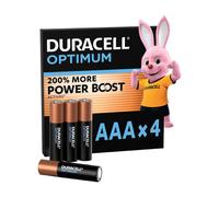 DURACELL Optimum Lot de 4 piles AAA alcalines 1,5 V, +200 % d’actifs Power Boost, répondent aux exigences des appareils modernes, 100 % recyclables, emballage 0 % de plastique - LR03 MX2400