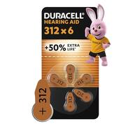 Duracell Piles pour appareils auditifs taille 312 (lot de 6) +50 % de longévité, installation facile, emballage 100 % recyclable, conservation garantie 4 ans