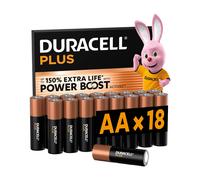 DURACELL Plus Lot de 18 piles AA alcalines 1,5 V, durent jusqu’à 150 % plus longtemps grâce aux Actifs POWER BOOST, fiables pour vos appareils du quotidien, emballage 0 % de plastique, conservation ga
