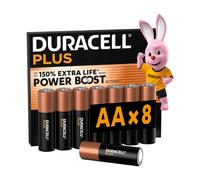 DURACELL Plus Lot de 8 piles AA alcalines 1,5 V, durent jusqu’à 150 % plus longtemps grâce aux Actifs POWER BOOST, fiables pour vos appareils du quotidien, emballage 0 % de plastique, conservation gar