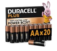 DURACELL Plus Piles AA (Lot de 20) - Piles Alcalines 1,5 V-Durent jusqu’à 150 % plus longtemps grâce aux Actifs POWER BOOST-Fiable pour vos Appareils du Quotidien-Emballage 0 % Plastique - MN1500