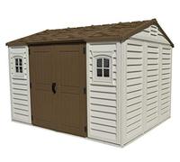 Duramax Apex 10.5 x 8 (7.64 m²) Abri de jardin en plastique avec 2 fenêtres fixes et kit de fondation en métal, solution extérieure de stockage, structure robuste, Adobe & Brown