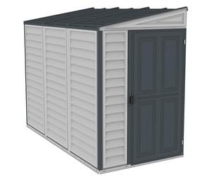 Duramax SideMate PLUS 4 x 8 (2.91 m²) abri de jardin en plastique avec kit de fondation en métal, porte réversible, structure de toit en métal robuste, abri en vinyle sans entretien, Gris foncé/ Adobe