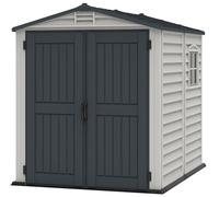 Duramax StoreMate PLUS 6 x 6 (3.65 m²) Abri de jardin en plastique avec plancher en plastique robuste et 1 fenêtre fixe, structure de toit en métal robuste, sans entretien, Gris foncé/ Adobe