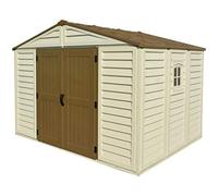 Duramax WoodBridge Plus 10 x 8 (7.64 m²) Abri de jardin en plastique avec 1 fenêtre fixe et kit de fondation en métal, structure de toit en métal robuste et abri de jardin sans entretien - Ivory/Brown