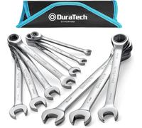 DURATECH Jeu de 10 clés mixtes à cliquet, 6-18 mm, Tête fixe en acier Cr-V, Cliquet à 72 dents, Acier chrome-vanadium, Bout fermé à 12 points, Arc de rotation de 5°, Tailles métriques, Pochette à roul