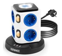 Duronic ET8L Tour multiprise 8 prises 3680W 3 ports USB Parasurtenseur | Veilleuse pour la nuit avec 6 LED Protection contre les surtensions Câble de 1,8 m Prises multiples 16A