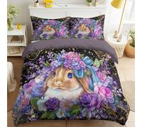 Duvet Cover Sets, Easy Care Bedding Bed Set Double Size 79" x 79", Fantasy Scandi Fresh Soft Bright Floral Animals Rabbit Duvet Covers with 2 Matching Pillowcases 50 x 75 cm for Kids and Adults
