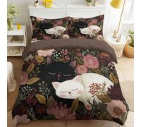 Duvet Cover Sets, Easy Care Bedding Bed Set Double Size 79" x 79", Vintage Serene Ethnic Calm Elegant Soft Floral Animals Cat Duvet Covers with 2 Matching Pillowcases 50 x 75 cm for Kids and Adults