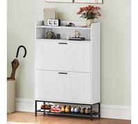 DWVO Armoire à Chaussures Blanche - 80 x 24 x 117 cm - avec 2 tiroirs, étagères Ouvertes et Pieds en métal - pour Salon, Chambre à Coucher, entrée