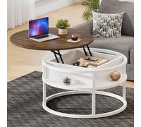 DWVO Tables basses pour salon, table basse ronde avec plateau relevable et compartiment caché, petite table basse ronde rustique, table centrale en bois, marron et blanc