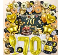 DXLing Décoration d'anniversaire 70 ans Noire et Or pour homme et femme - Ballon noir et doré - avec boîte surprise d’anniversaire, bannière, toile de fond, confettis, ballons pour 70 ans
