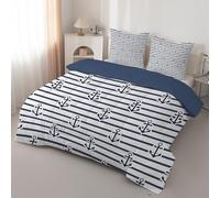 dyausi Couette 260x240 - Couette Imprimée Rayures - Couette 2 Personnes avec Motif Nautique Ancre - Édredon Lavable en Machine - Couette 240x260 et 2 Taies d'oreiller - Bleu Marine Blanc D192