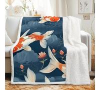 dyausi Couverture Sherpa à Motif Japonais 160x200 cm - Plaid Polaire Double Epaisseur Douillette et Chaud - Koï Lotus Décoratif Plaid Canape pour Lit 1 Personne ou Canapé, G-1067