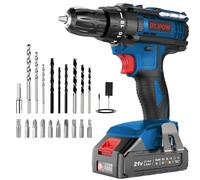 DYJPOW Perceuse Visseuse Sans Fil 21V, Visseuse Devisseuse Sans Fil avec Batterie 2.0Ah, 42Nm Percussion, 18+1 Réglages de Couple, 22 Accessoires, 2 Vitesses, LED, pour le Bricolage, Bleu