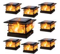 Dynaming Lot de 8 lampes solaires d'extérieur avec flamme vacillante, coque noire pour poteaux de clôture de 10,2 x 10,2 cm, en vinyle/bois, éclairage LED lumineux pour jardin, terrasse, terrasse
