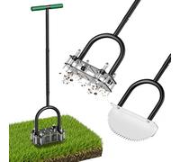 DYONDER Aérateur de pelouse manuel 2026 avec coupe-gazon remplaçable, saleté automatique à ressort et sol meuble, aérateur de jardin en métal réglable en hauteur (deux kits