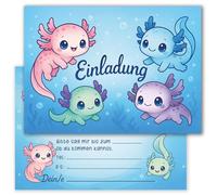 E&G Klasse Lot de 10 cartes d'invitation Axolotl - Motif animal - Format A6 - Bleu mignon - Invitation d'anniversaire - Cartes d'invitation pour enfants - Pour fille et garçon - Pour fête animale
