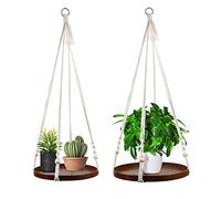 E-KNOW Lot de 2 supports de plantes en macramé pour intérieur - Support décoratif pour pot de fleurs - Fait à la main - Avec plateau en bois - Décoration d'intérieur bohème