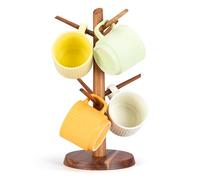 E-ROOM TREND MHA6B Porte-tasses en bois d'acacia pour décoration de comptoir de cuisine, accessoires de bar à café et organisateur de maison avec 6 crochets Marron