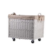 e-wicker24 Coffre de rangement, Panier à linge rectangulaire, panier en osier avec roulettes et doublure en tissu, malle rangement osier,corbeille, boite (Blanc/jute)