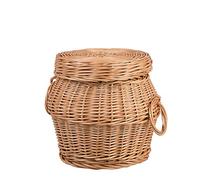 e-wicker24 Pouf de rangement, coffre en osier, panier pour la maison, panier rond avec couvercle en osier buff (Ø: 28 H32, Naturel)