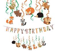EASY JOY Decoration Anniversaire Animaux Foret Tourbillon Suspendu Deco Kit Fourniture de fête Thème Woodland Bannière Happy Birthday Renard Herisson pour Enfant Bébé Garcon Fille