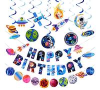 EASY JOY Décoration de Fête d'anniversaire Thème Space Fourniture de Fête Anniversaire Bannière Joyeux Anniversaire de l'espace Breloque en Spirale Système Solaire Garcon Enfant - 37pcs