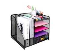 EasyOFC Organiseur de fichiers de bureau, bac à courrier à 5 niveaux, rangement en maille avec tiroir, 2 porte-stylos, porte-revues pour fournitures de bureau, noir