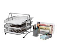 EasyPAG Métal Organisateur de Bureau Ensemble de 4 Pièces, 3 Compartiments Corbeilles à Courrier A4 Range Document,Pot à Crayon,Support de Notes Autocollantes,Trieur de Courrier,Argent