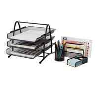 EasyPAG Métal Organisateur de Bureau Ensemble de 4 Pièces, 3 Compartiments Corbeilles à Courrier A4 Range Document,Pot à Crayon,Support de Notes Autocollantes,Trieur de Courrier,Noir