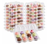 EATHEATY Lot de 48 mini boîtes à cupcakes à 12 compartiments, 12 boîtes en plastique transparent avec couvercle amovible, dôme haut, mini boîtes de transport pour cupcakes, muffins, sans BPA