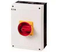 Eaton interrupteur de sécurité, T5, 100 A, 6 pôles, 2 NO, fonction d'arrêt d'urgence, avec poignée rotative rouge et couronne de blocage jaune, cadenassable en position 0 avec couvercle 207289