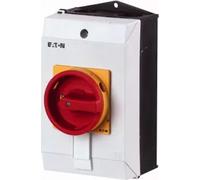 Eaton interrupteur principal, P1, 25 A, en saillie, 3 pôles, fonction d'arrêt d'urgence, avec poignée rotative rouge et couronne de blocage jaune 233987