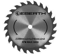 EBERTH Lame de Scie Circulaire en Acier avec Dents en Carbure pour la Coupe du Bois (Diamètre 200mm, Alésage 16mm, Épaisseur de la Lame 2.4mm, Largeur de Coupe 3.4mm, 24 Dents, RPM Max. 5000)