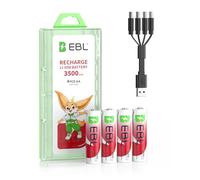 EBL Lot de 4 Piles AA Rechargeables Li-ION, Piles Rechargeable AA /R6 1,5V 3500mWh Puissante, 2H de Charge Directe Rapide,1600+ Cycles de Charge, Haute Performande et Longue Durée