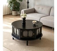 EBOYNSowAprr Table Basse en Bois Massif Style Vintage Français | Table de Rangement Ronde Moderne Milieu de Siècle avec Armoire Fermée(Black,31.5x18.9")