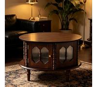 EBOYNSowAprr Table Basse en Bois Massif Style Vintage Français | Table de Rangement Ronde Moderne Milieu de Siècle avec Armoire Fermée(Walnut,31.5x18.9")