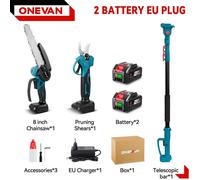 Ébrancheur et sécateur 3-en-1 - Moteur sans balais 18 V - Tige télescopique - 2 batteries incluses - Électrique - Kit d'élagage - Argent
