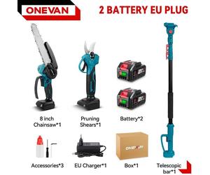 Ébrancheur et sécateur 3-en-1 - Moteur sans balais 18 V - Tige télescopique - 2 batteries incluses - Électrique - Kit d'élagage - Argent