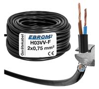 EBROM - Câble flexible en plastique rond de 25 mètres, câble LED, câble d'alimentation H03VV-F 2x0,75 mm² - Couleur : NOIR