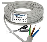 EBROM Câble gainé NYM-J 3 x 1,5 mm² - Câble d'installation pour pièces humides - Gris - Grand choix de longueurs par incréments de 5 mètres jusqu'à 250 mètres en une seule pièce - Longueur : 3 x 1,5