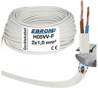 EBROM - Câble LED rond en plastique de 15 mètres Câble d'appareil H05VV-F 2x1 mm2 - Couleur : BLANC