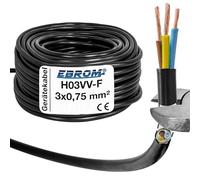 EBROM H03VV-F Câble rond en plastique 3 x 0,75 mm² - Couleur : noir - Plusieurs longueurs par incréments de 5 m jusqu'à 200 mètres 3G0,75 mm² - Longueur du câble : 20 m