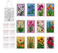 Eccliy Lot de 12 sacs fourre-tout réutilisables en coton vierge avec 6 marqueurs acryliques pour peinture florale, kit d'art pour femme, sac cadeau en toile, cadeau d'anniversaire, enseignante, mère