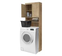 ECD Germany Armoire pour Machine à Laver avec 2 Portes et 2 Compartiments Ouverts, 187,5 x 63 cm, en Panneau de Particules, Aspect Chêne, Meuble Haute de Salle de Bain, Étagère Sèche-Linge Lave-Linge