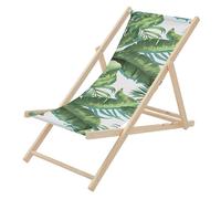 ECD Germany Chaise Longue Pliante Chilienne en Bois, Motif Tropical, Vert-Blanc, Dossier Réglable, 3 Positions de Couchage, jusqu'à 120kg, Bain de Soleil en Tissu Oxford, Plage Jardin Terrasse