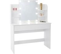 ECD Germany Coiffeuse Table de Maquillage Blanc 108x40x140 cm avec Miroir Lumineaux, Guirlande Lumineuse Éclairage LED, 1 Tiroir, 4 Compartiments de Rangement, en Bois MDF, Commode Cosmétiques